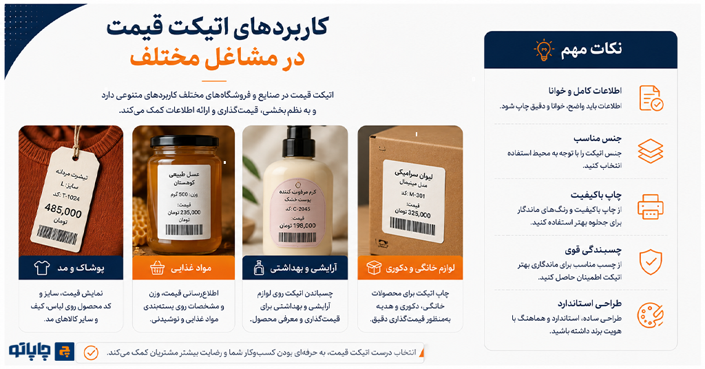 کاربردهای اتیکت قیمت در فروشگاه پوشاک، کیف، اکسسوری و محصولات مختلف